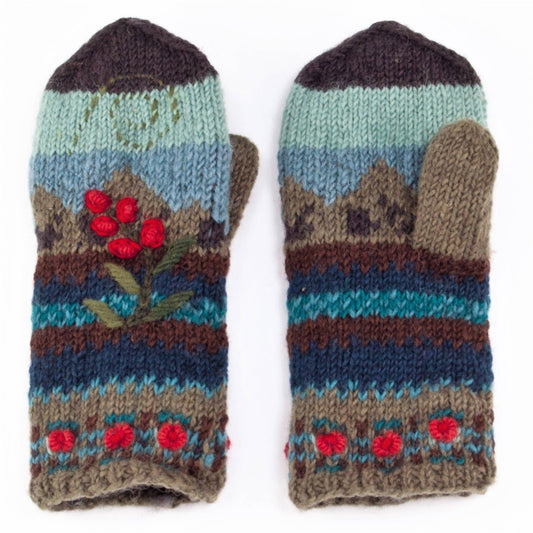 Chloe Wool Mittens – Embroidered Floral Design: Grey