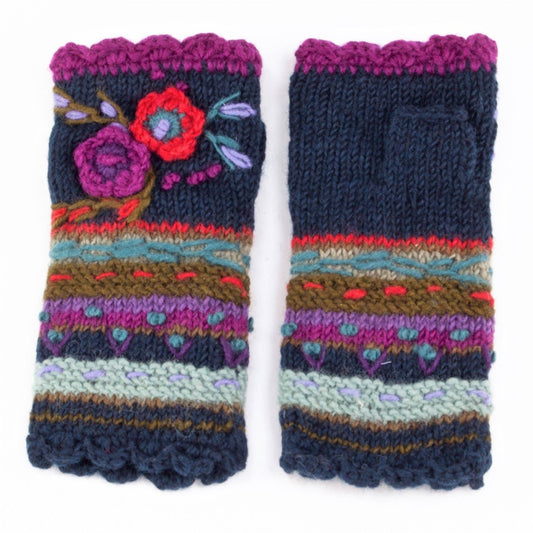 Lassen Wool Knit Handwarmers with Crochet Flowers: Teal