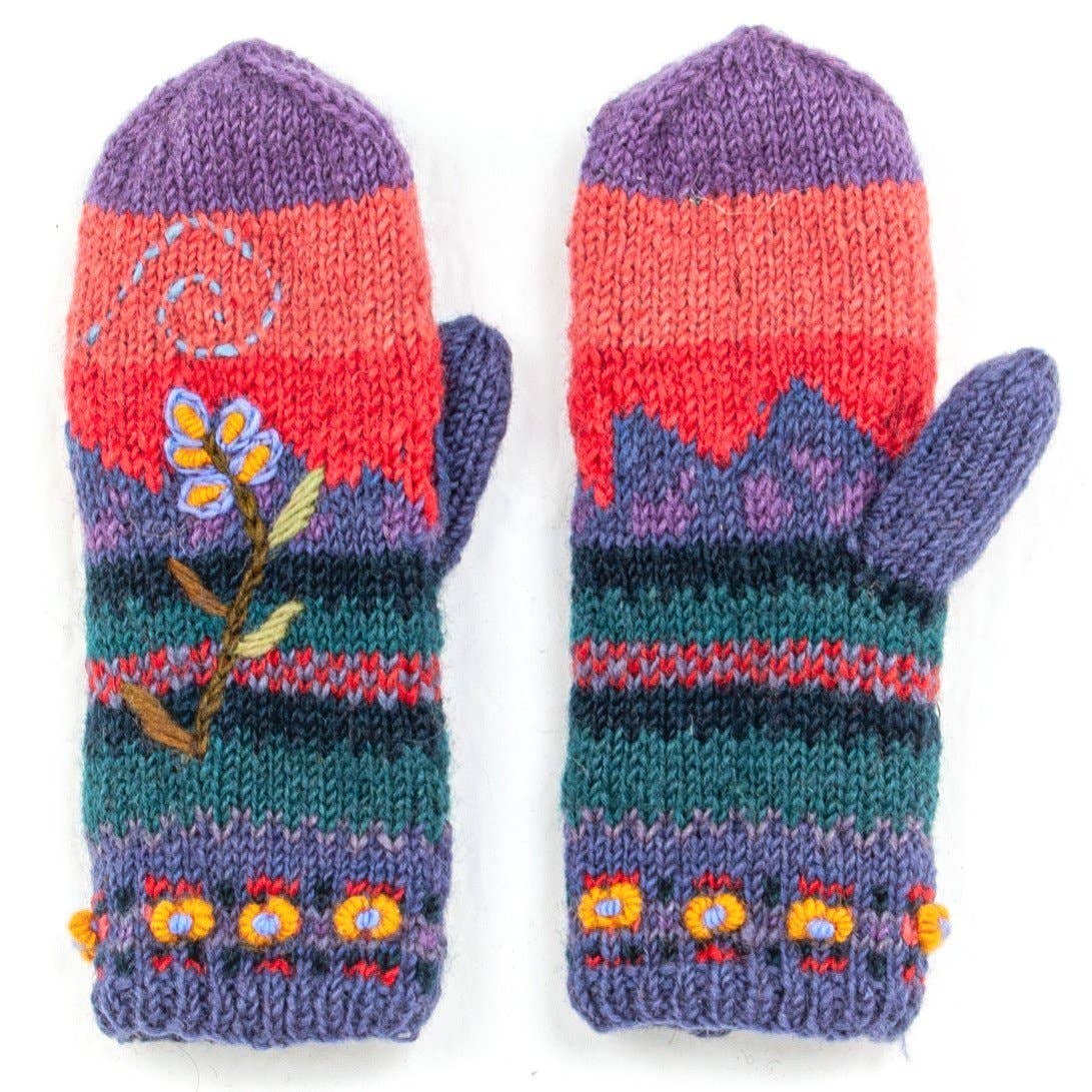 Chloe Wool Mittens – Embroidered Floral Design: Grey