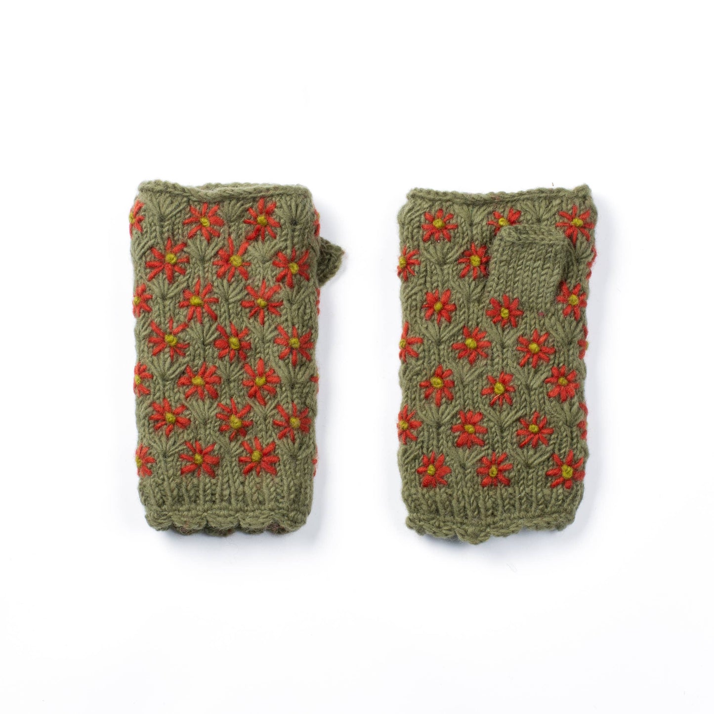 Anaya Handwarmers – Wool Knit with Floral Embroidery: Mint