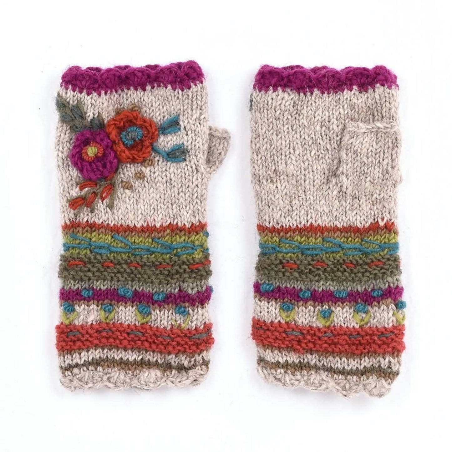 Lassen Wool Knit Handwarmers with Crochet Flowers: Teal