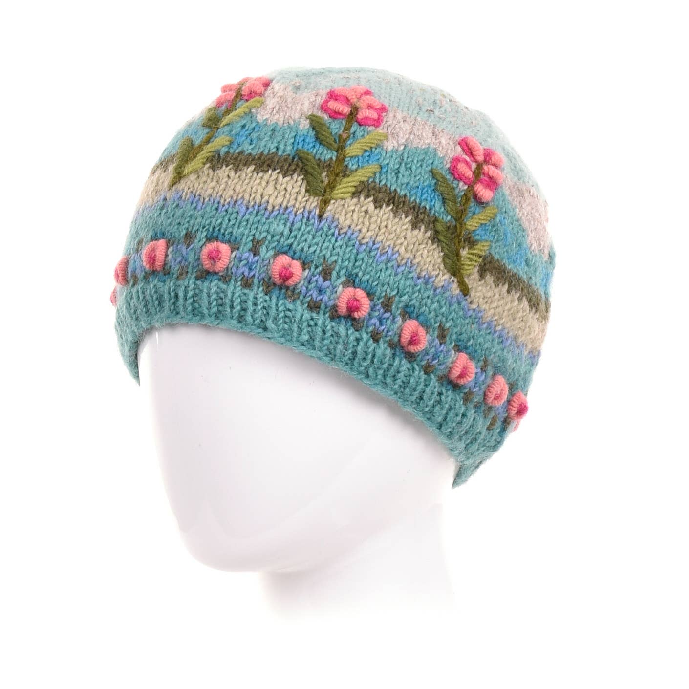 Chloe Wool Hat – Hand-Embroidered Floral Knit Beanie: Grey