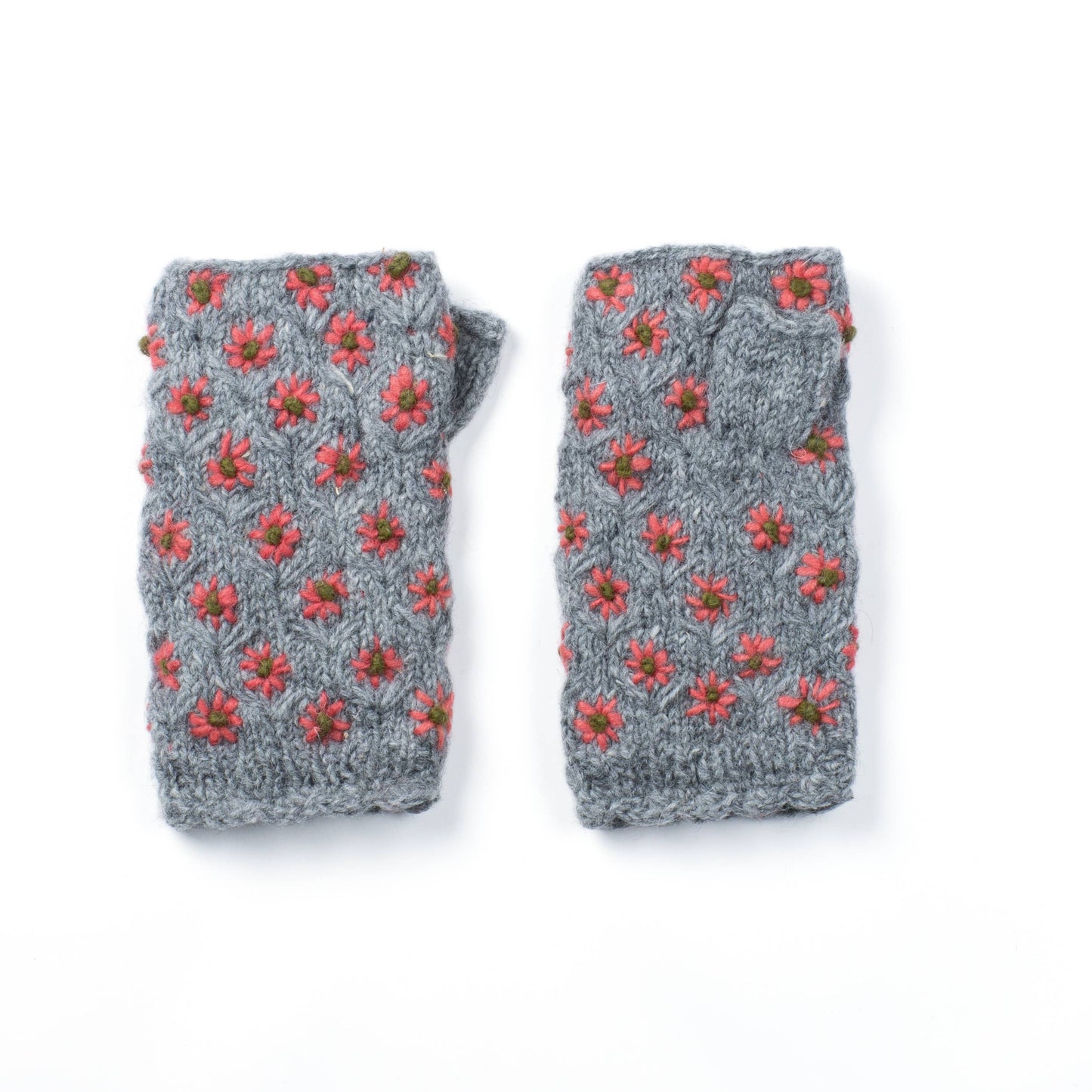 Anaya Handwarmers – Wool Knit with Floral Embroidery: Faded Denim