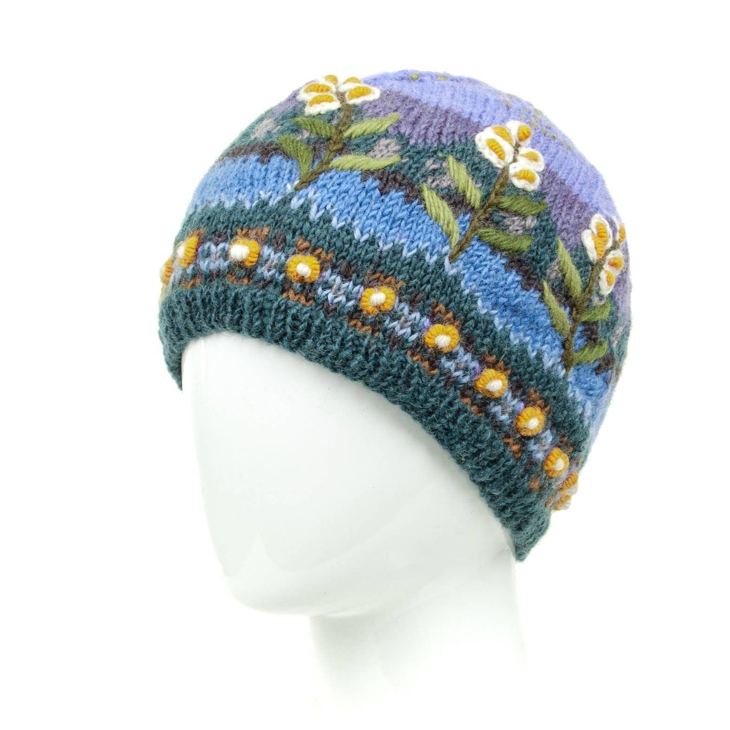 Chloe Wool Hat – Hand-Embroidered Floral Knit Beanie: Grey