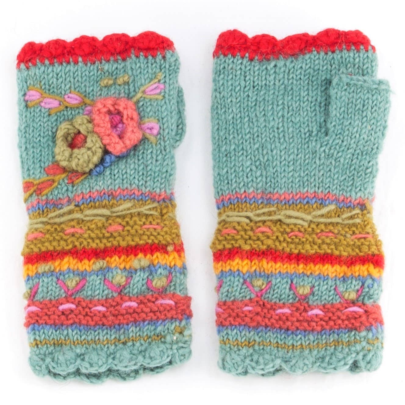 Lassen Wool Knit Handwarmers with Crochet Flowers: Teal