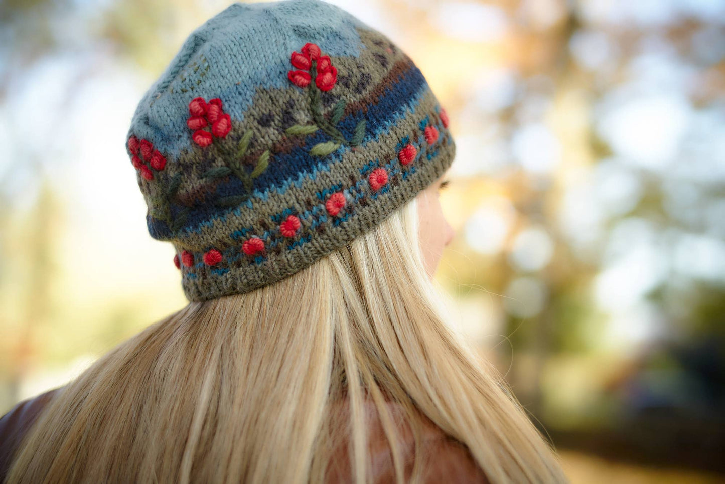 Chloe Wool Hat – Hand-Embroidered Floral Knit Beanie: Grey