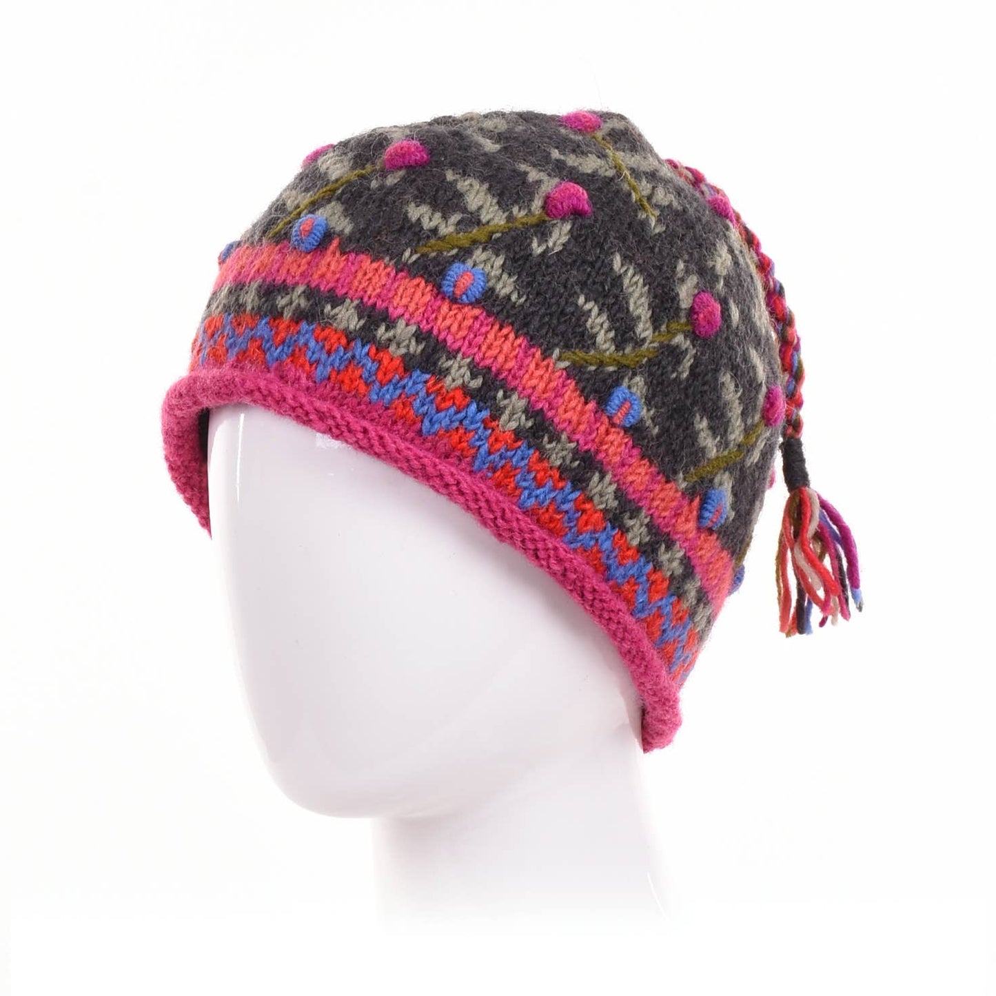 Verbier Floral Wool Beanie Hat with Embroidery: Charcoal