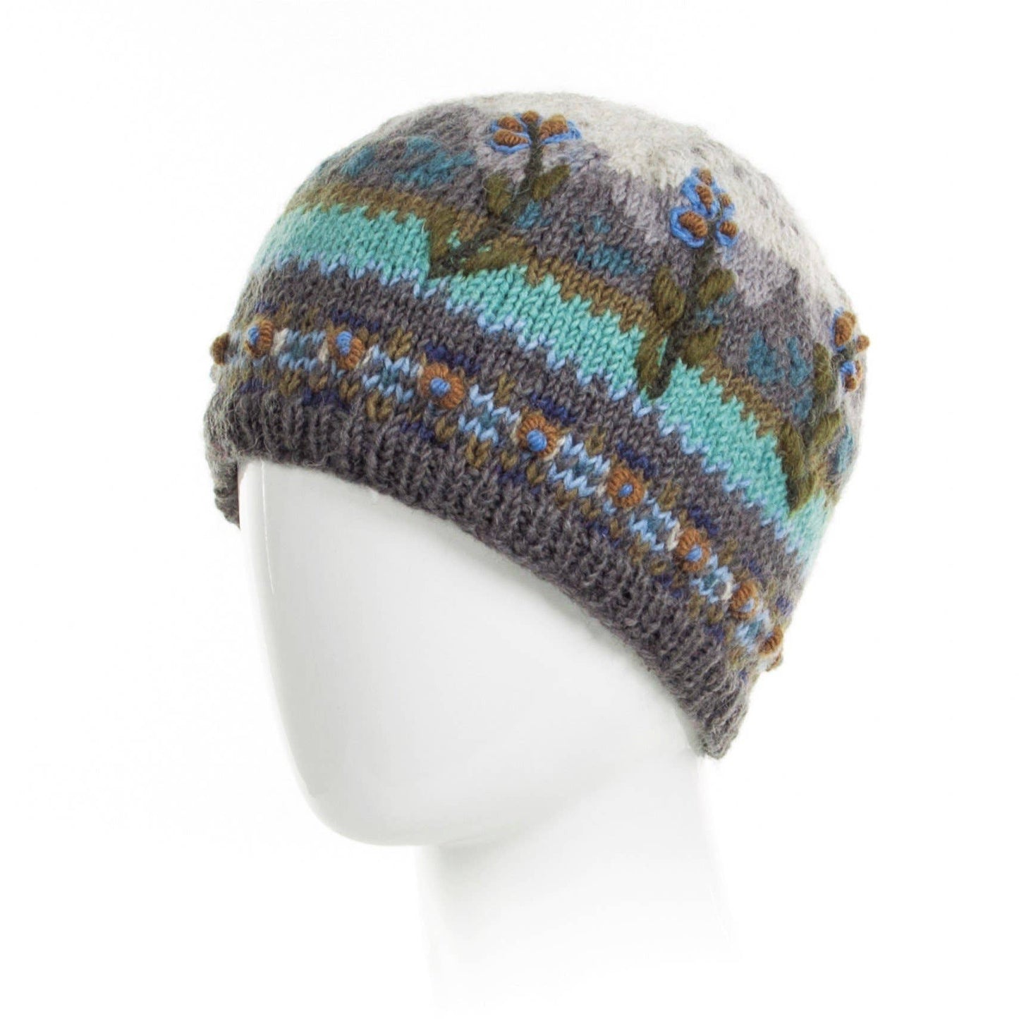 Chloe Wool Hat – Hand-Embroidered Floral Knit Beanie: Grey