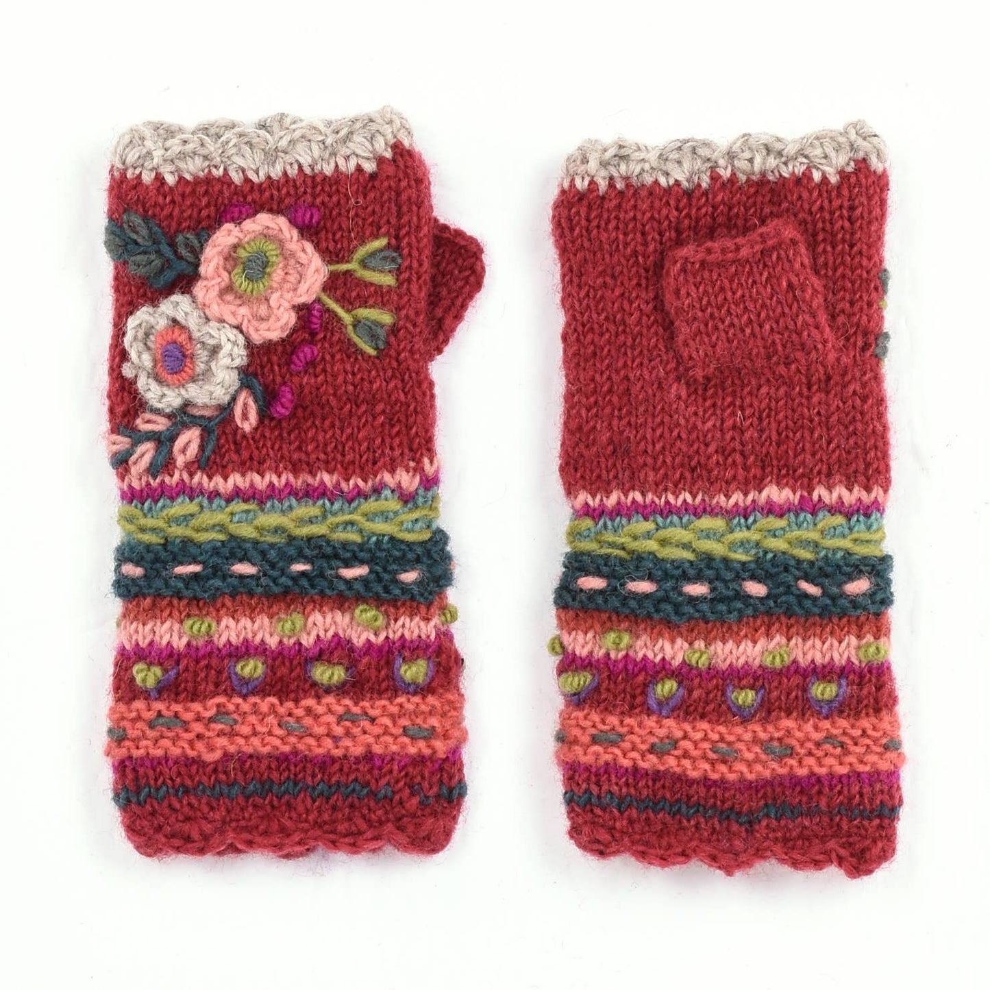 Lassen Wool Knit Handwarmers with Crochet Flowers: Teal