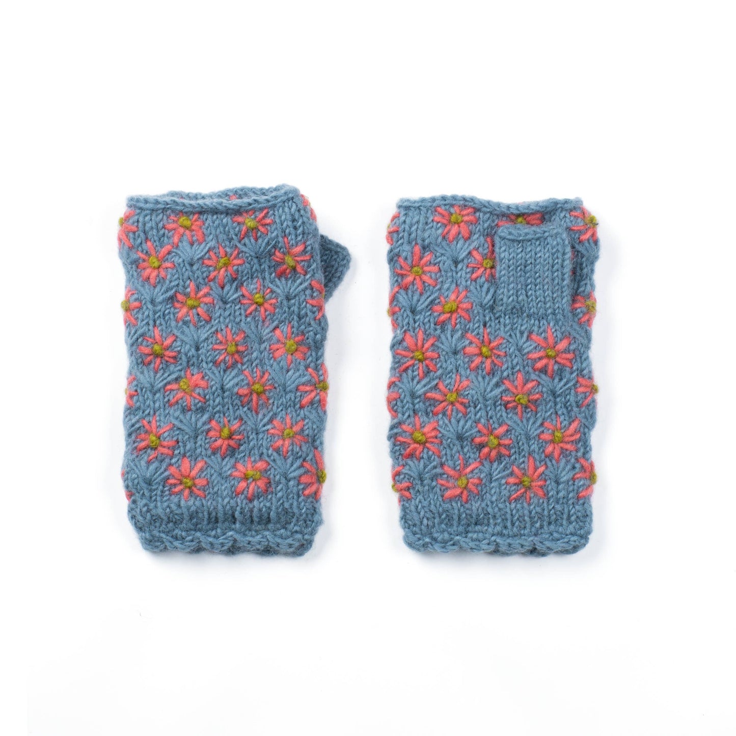 Anaya Handwarmers – Wool Knit with Floral Embroidery: Mint