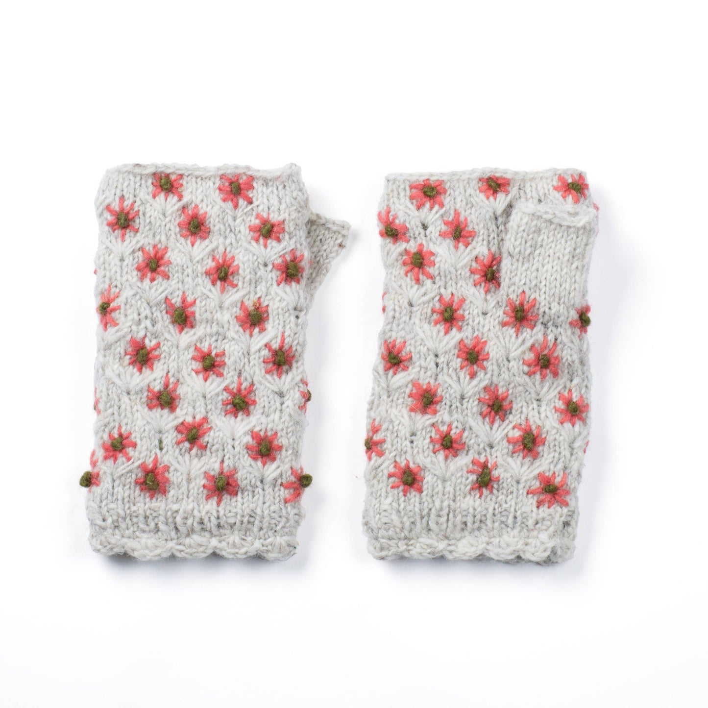 Anaya Handwarmers – Wool Knit with Floral Embroidery: Faded Denim