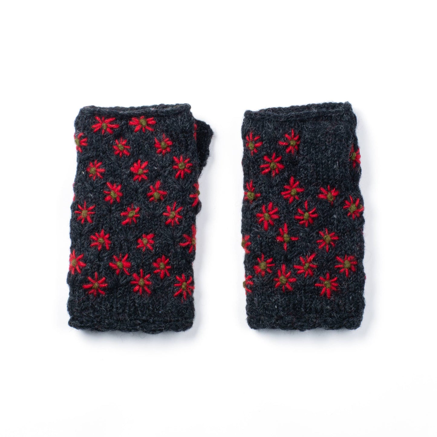 Anaya Handwarmers – Wool Knit with Floral Embroidery: Mint