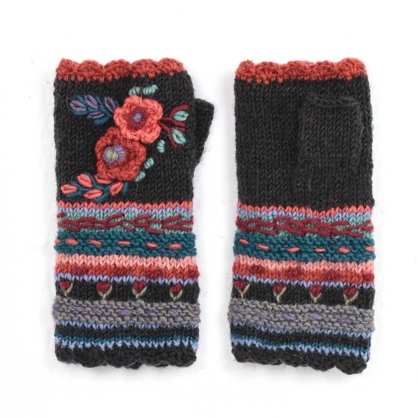 Lassen Wool Knit Handwarmers with Crochet Flowers: Teal