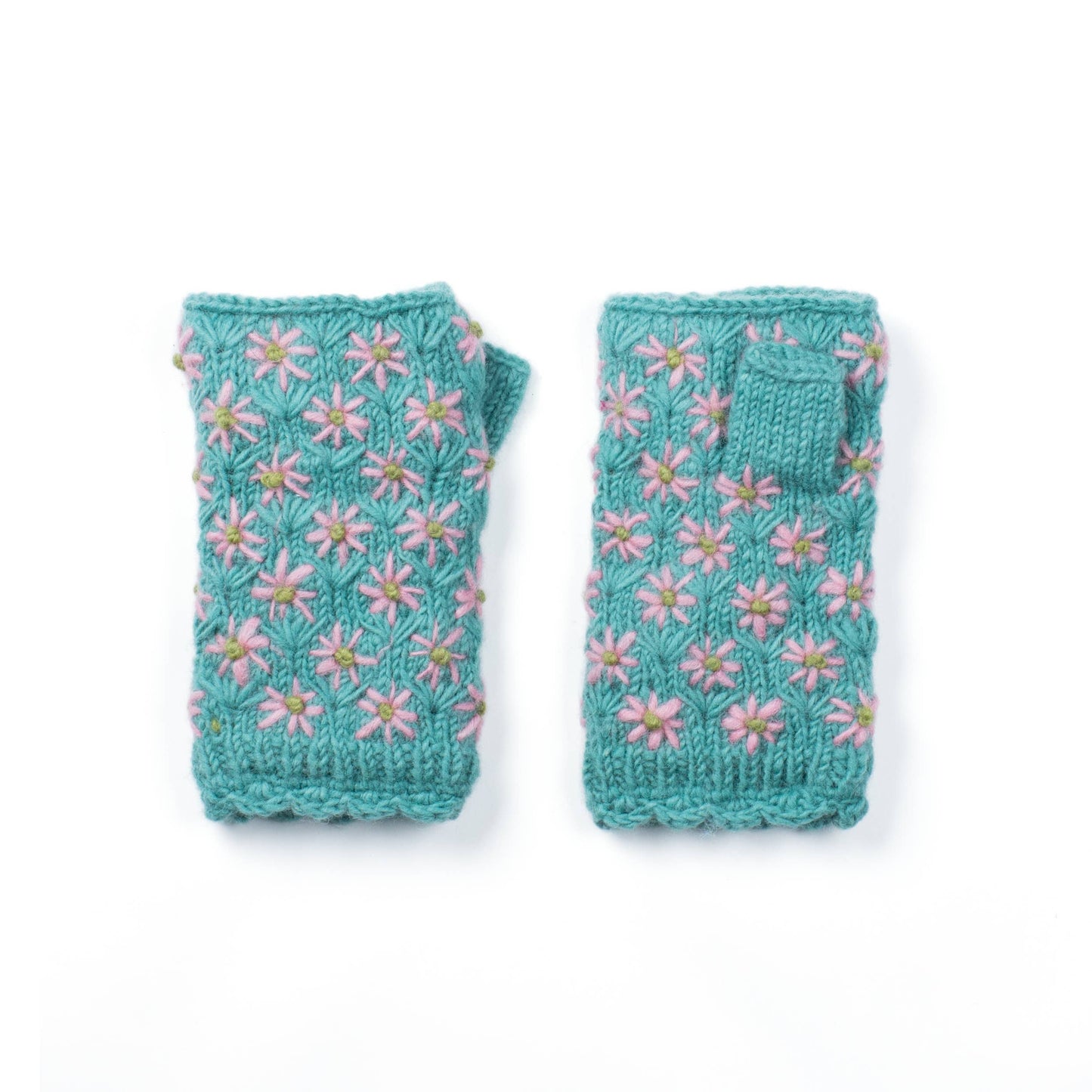 Anaya Handwarmers – Wool Knit with Floral Embroidery: Faded Denim