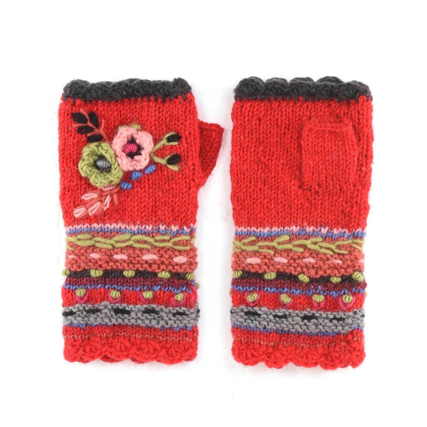 Lassen Wool Knit Handwarmers with Crochet Flowers: Teal
