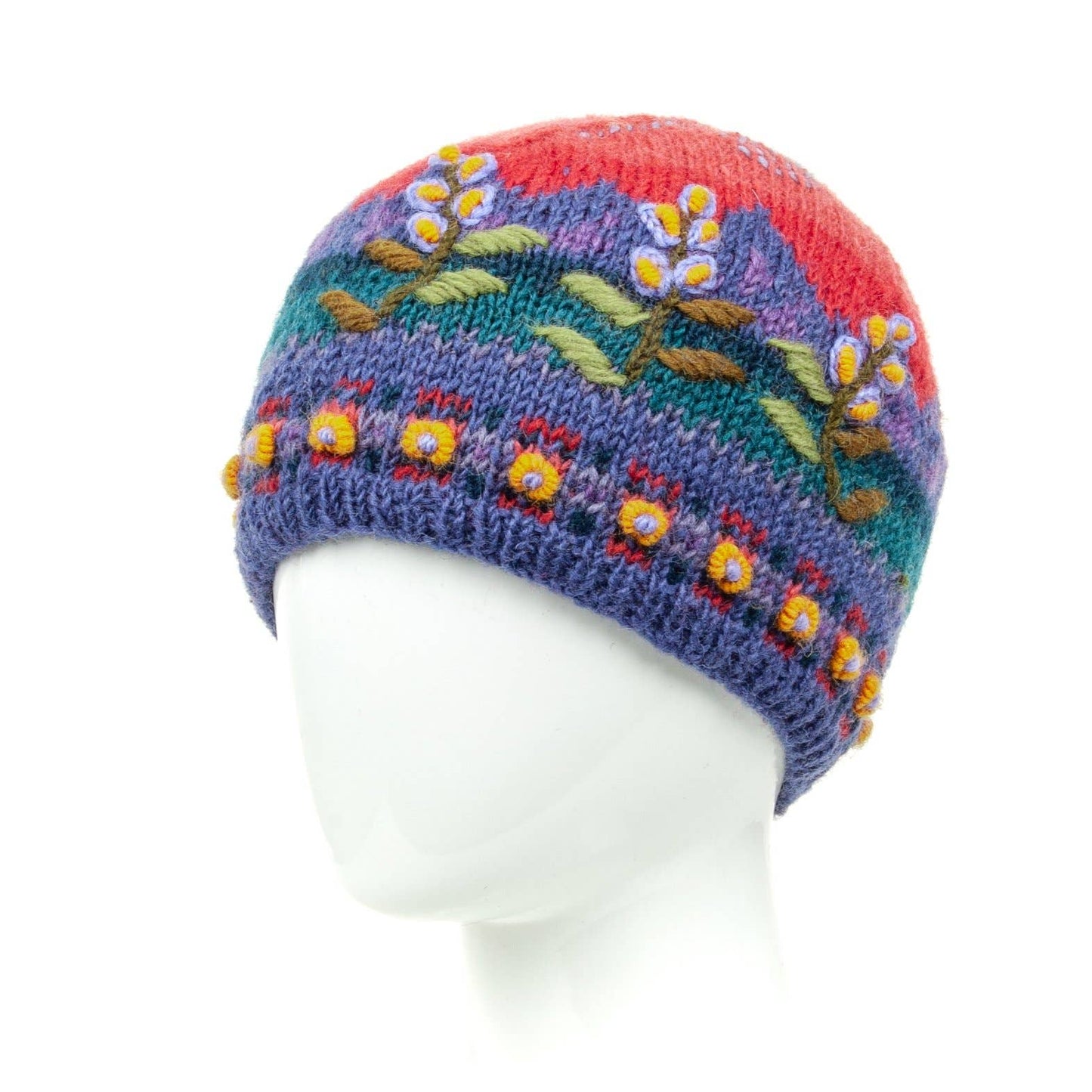 Chloe Wool Hat – Hand-Embroidered Floral Knit Beanie: Grey