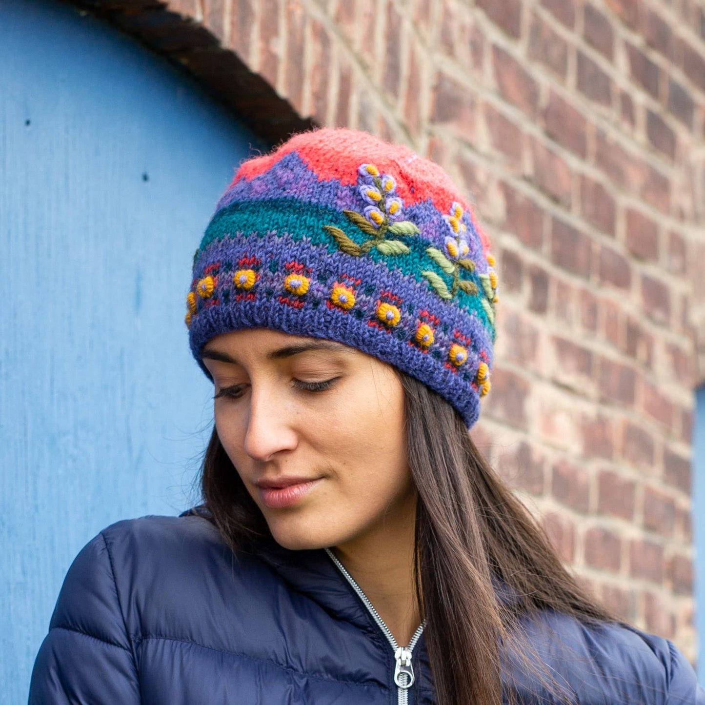 Chloe Wool Hat – Hand-Embroidered Floral Knit Beanie: Grey