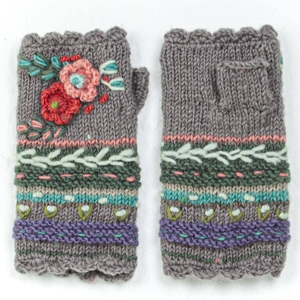 Lassen Wool Knit Handwarmers with Crochet Flowers: Teal